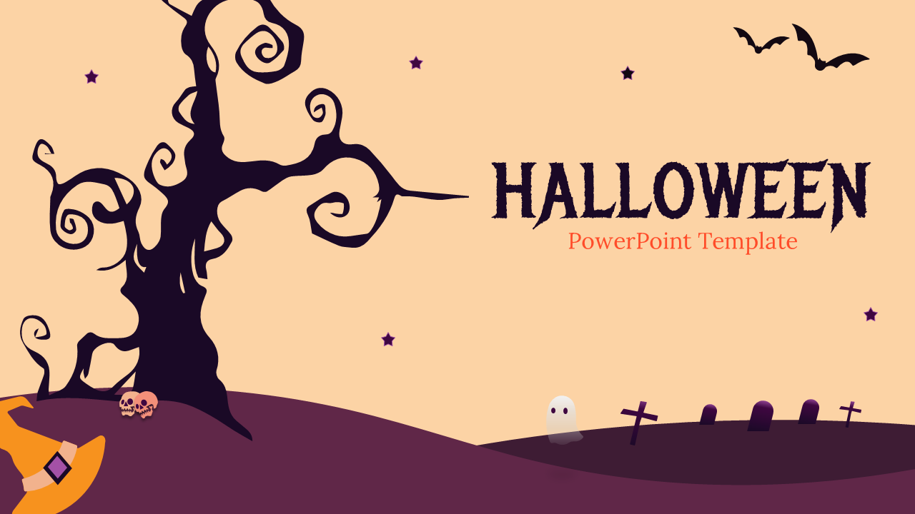 Halloween slide deck featuring visuals like haunted trees, graves, and bats, on beige background with purple accents.