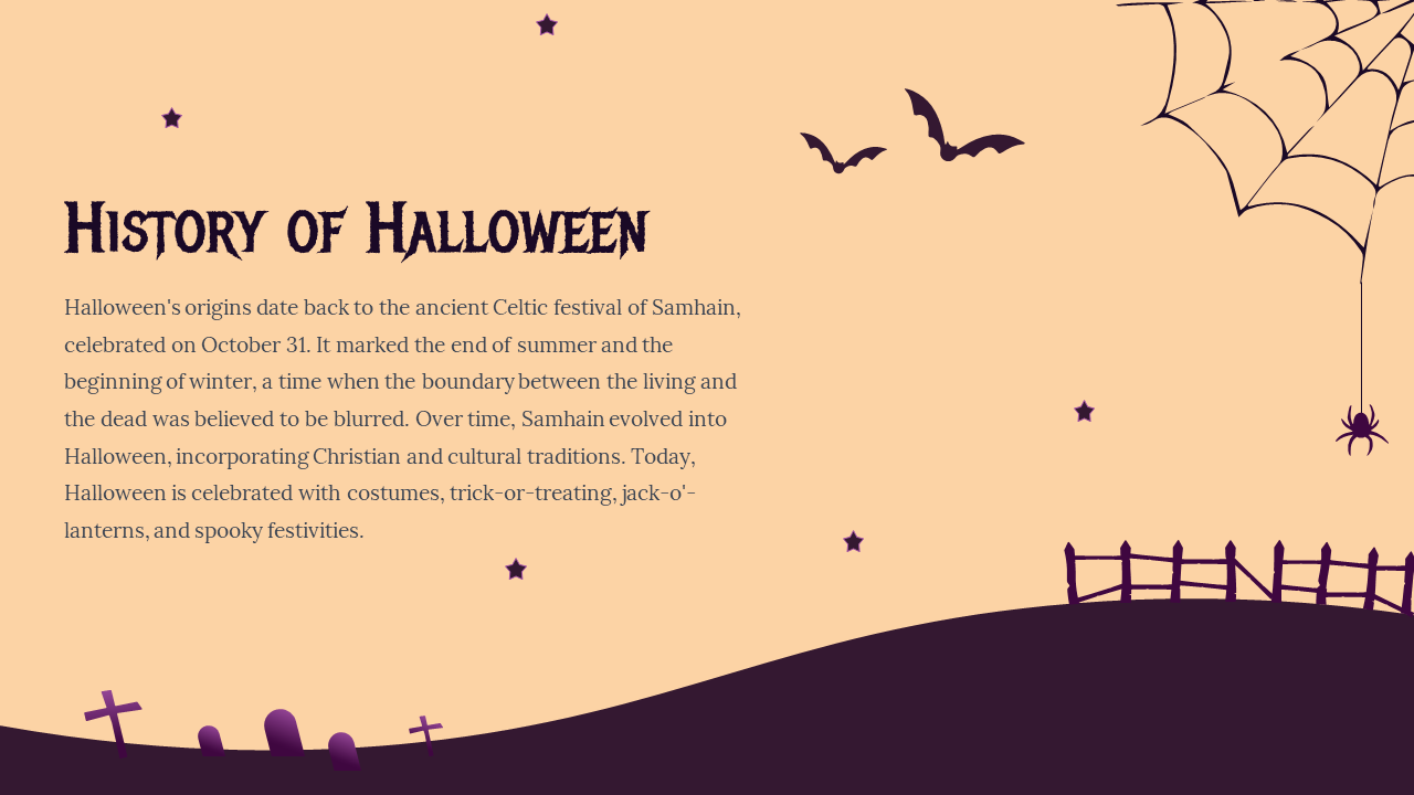 Halloween slide with a spider web, flying bats, and a fence in a purple graveyard setting, all set on a light beige backdrop.