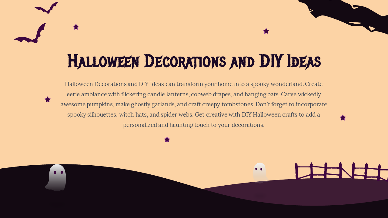 Halloween slide with a dark purple bat silhouette, a ghost on a hill, and a black fence against a soft beige background.