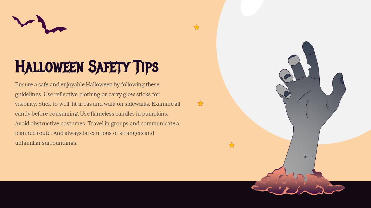 Halloween themed slide with a pale orange background, featuring a zombie hand, stars, and bats, alongside text.