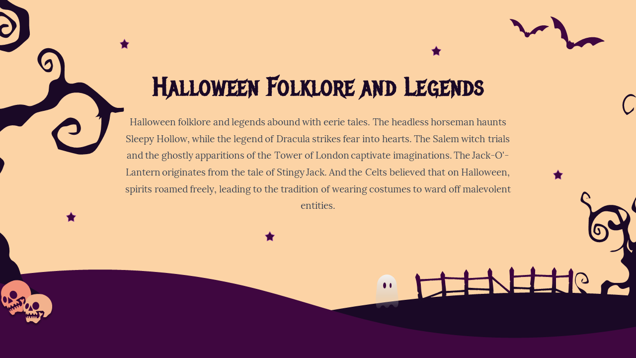 Halloween slide decorated with a purple curved footer, ghosts, skulls, and stars, set against a light orange backdrop.