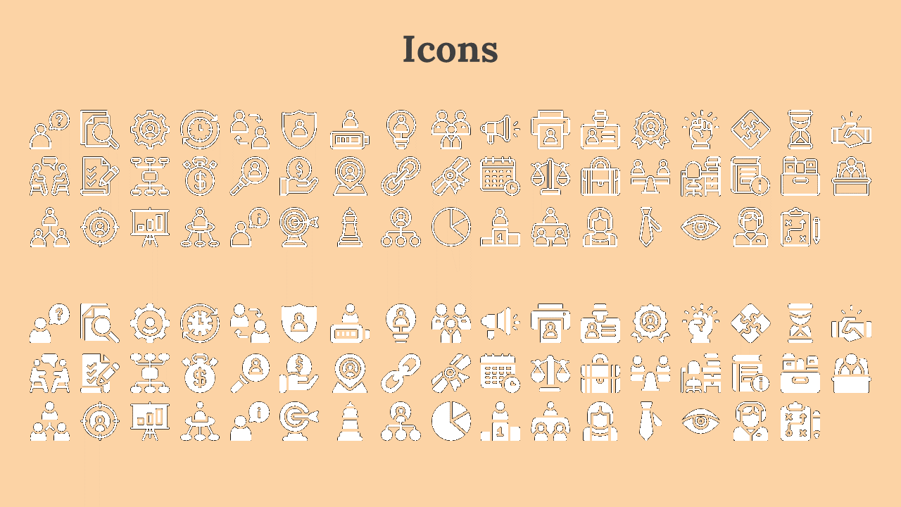 Monochrome icons in a grid, arranged symmetrically with outlined and filled styles, placed on a light peach background.