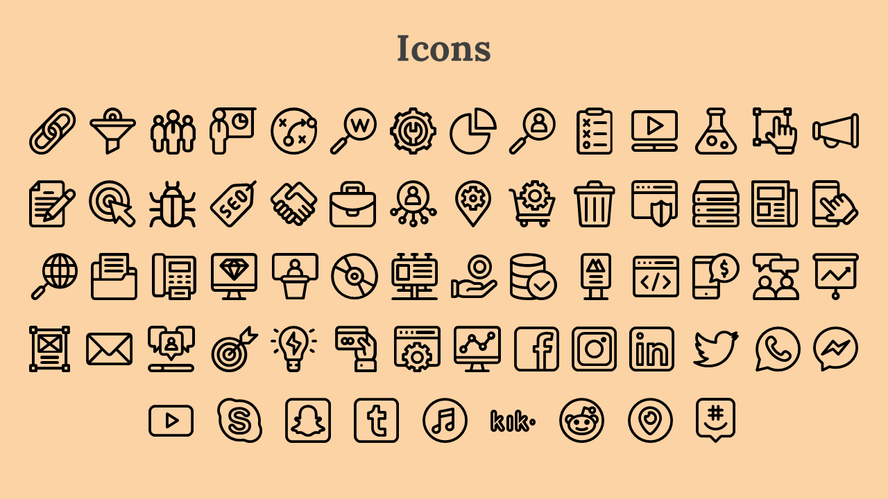 Set of monochrome icons on a peach background, arranged in a structured grid with themes like social media and business.