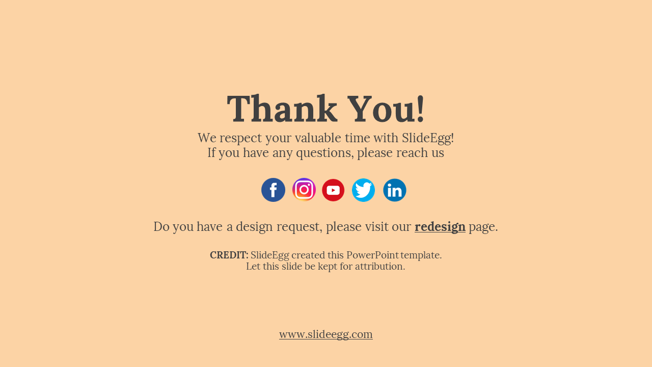 Thank you slide with a peach background, featuring large text, social media icons, and a footer with a website link.