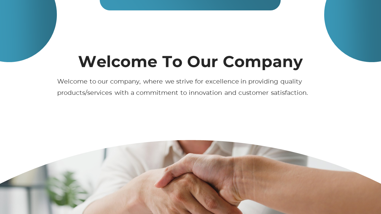 Slide with rounded blue design elements, featuring a handshake photo and a welcoming message in a clean layout.