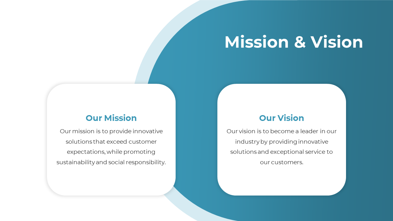 Slide showcasing the mission and vision statements with blue and white design elements, highlighting the company goals.