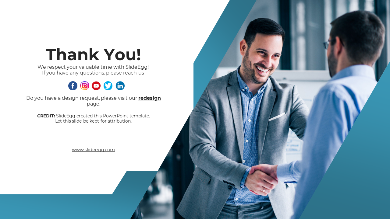 Slide with a thank you message, showing two businesspeople shaking hands, with social media icons and contact info.
