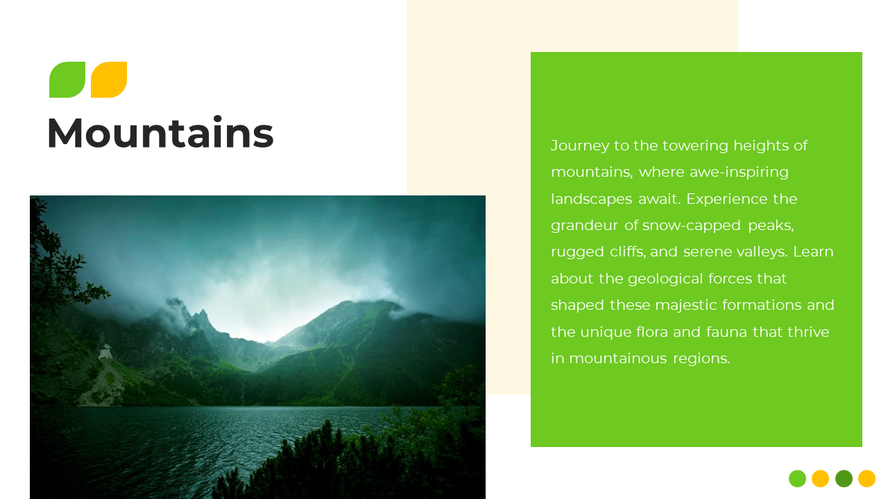 Slide with a mountainous landscape, highlighting rugged cliffs and valleys, and a green text box on the right.