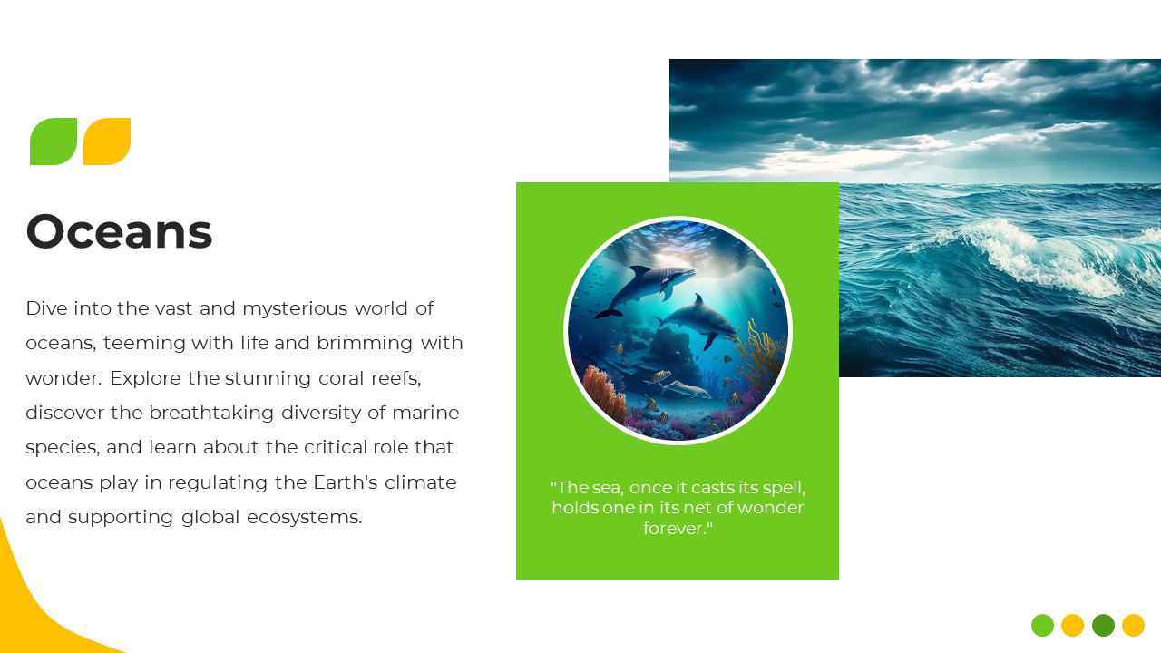 Slide showcasing ocean scenes with waves and a circular image of marine species, with green text box.
