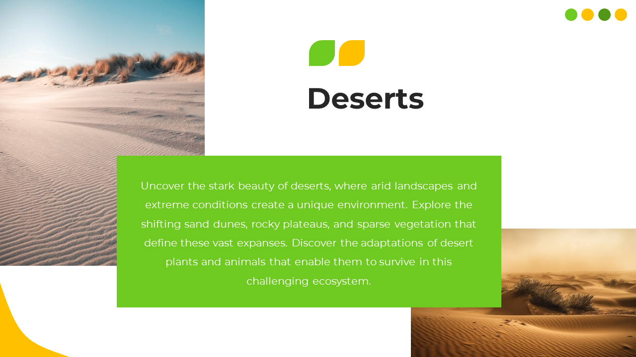 Vibrant slide with desert landscapes, featuring sandy dunes and rocky terrain, accented with green text box.