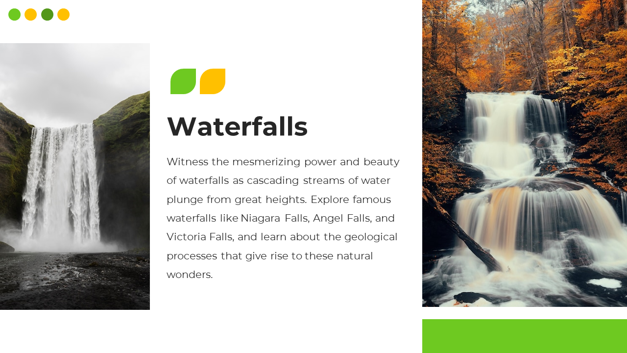 Slide featuring cascading waterfalls with green and yellow design elements, emphasizing the power and beauty of water.