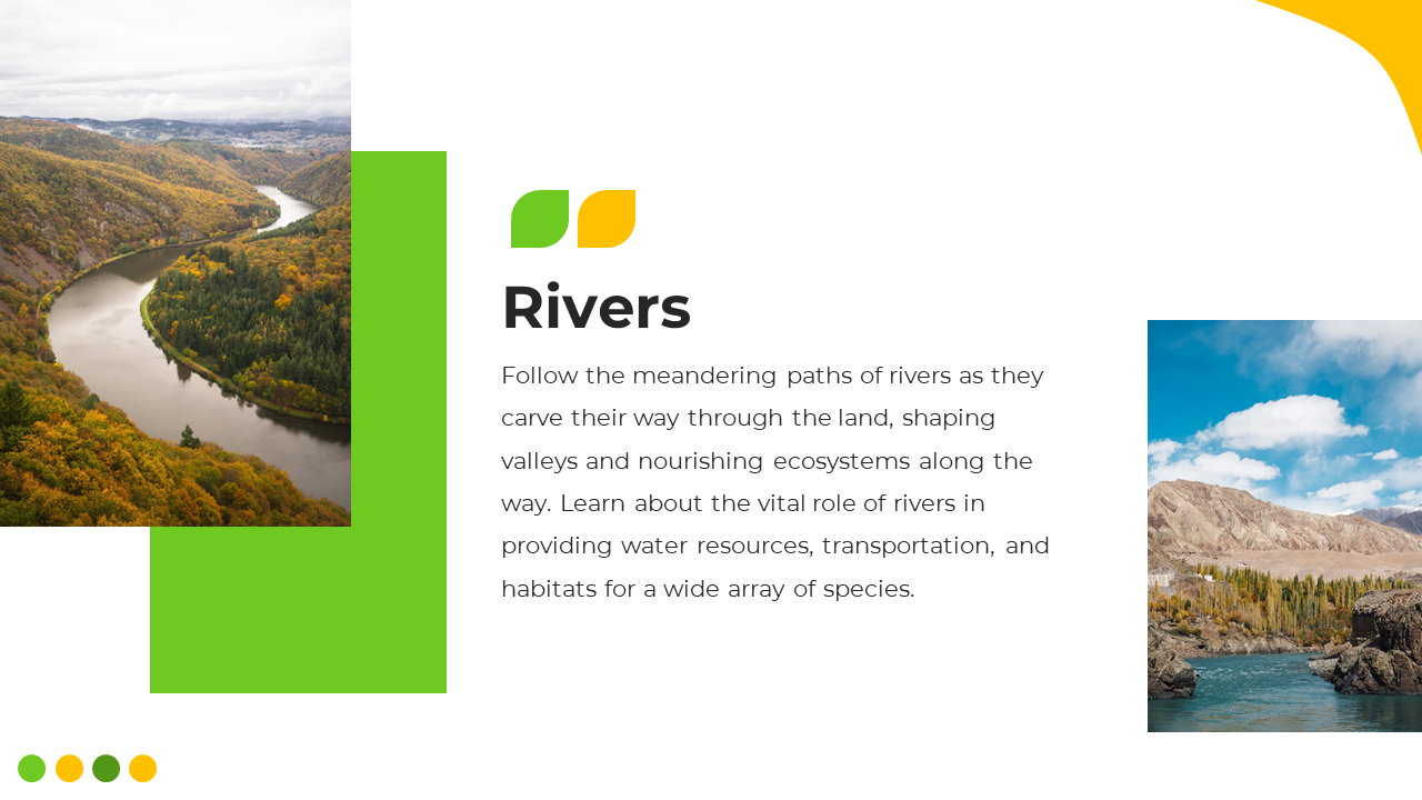 Nature themed slide with river landscapes, featuring green and yellow accents, and text about the importance.