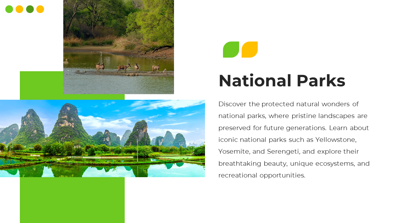 Nature themed slide with green and yellow accents, showcasing iconic national parks and their unique ecosystems.
