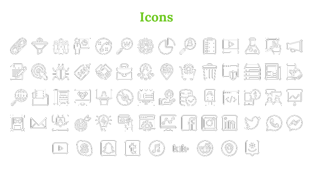 Set of black outlined icons including business, social media, and technology symbols, organized in a grid layout.
