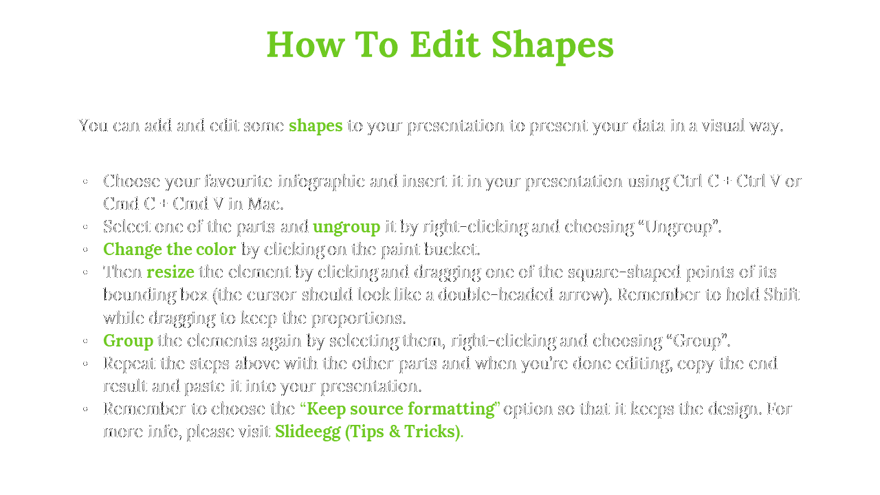 Instructional slide with green and black text, displaying step by step edits on shapes in a clean white layout.
