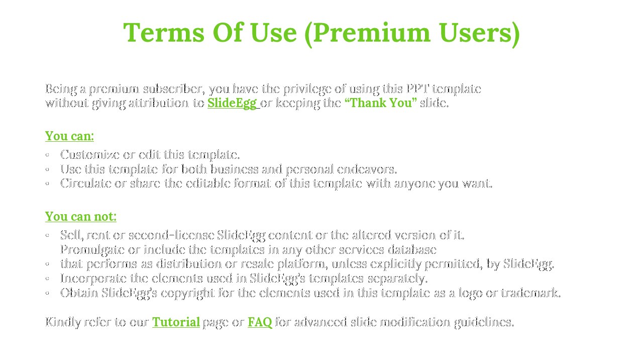 Terms and conditions slide for premium users, explaining what can and cannot be done, with green highlights.