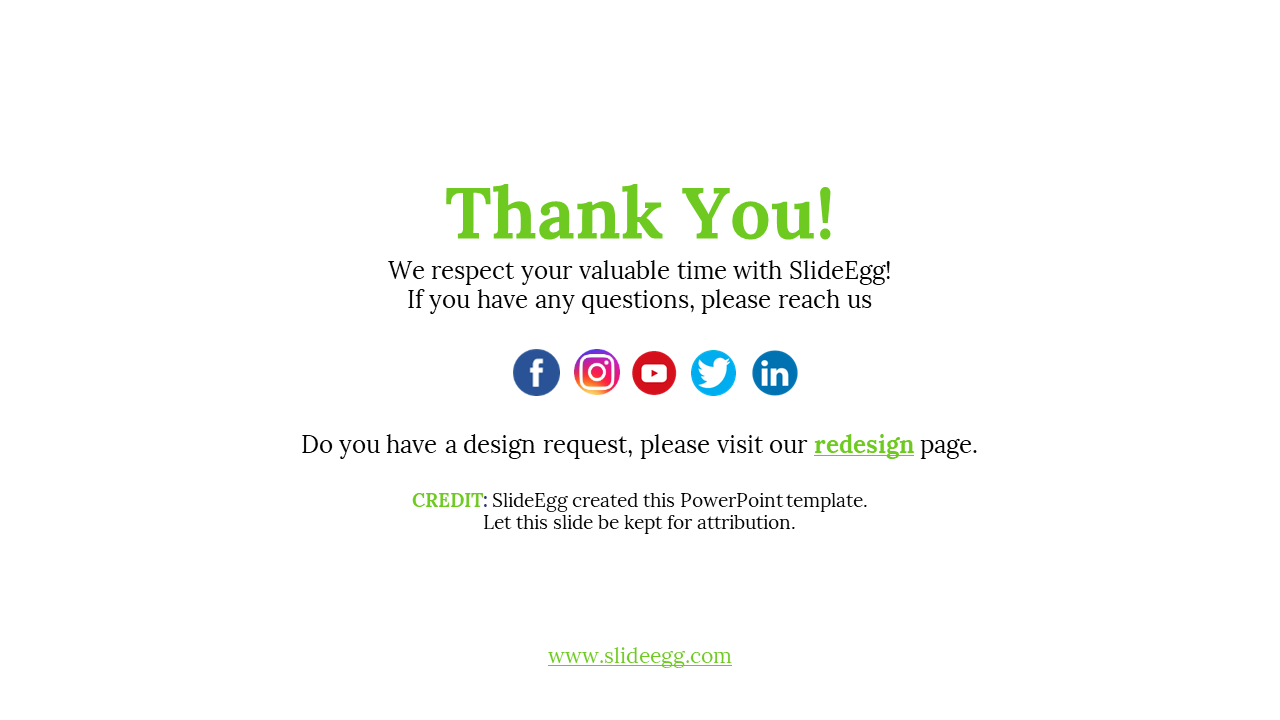 Thank you slide with green text, social media icons, and contact information in a clean white layout with a website.