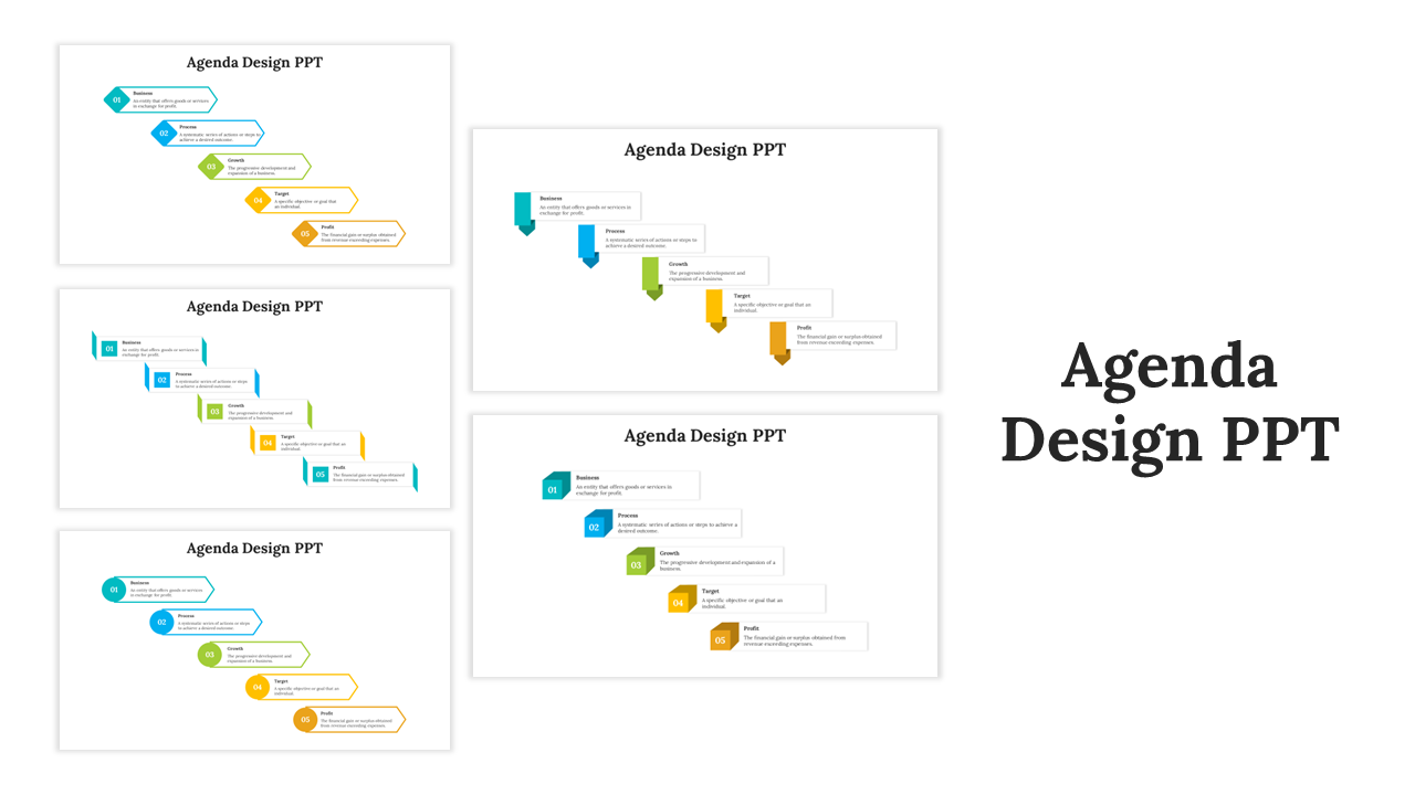 Collection of five vertical agenda slides, each with sequential steps represented in color coded shapes.