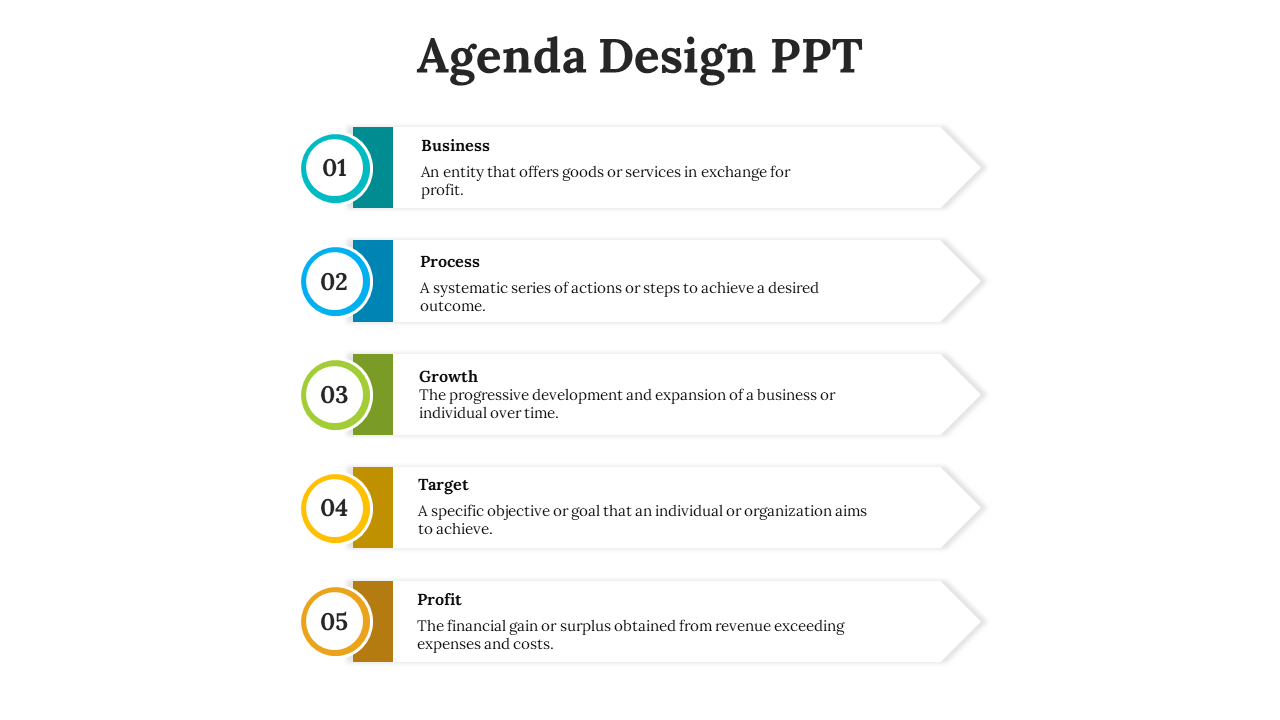 Agenda slide with five color filled circular shapes in teal, blue, green, yellow, and orange, outlining business concepts.