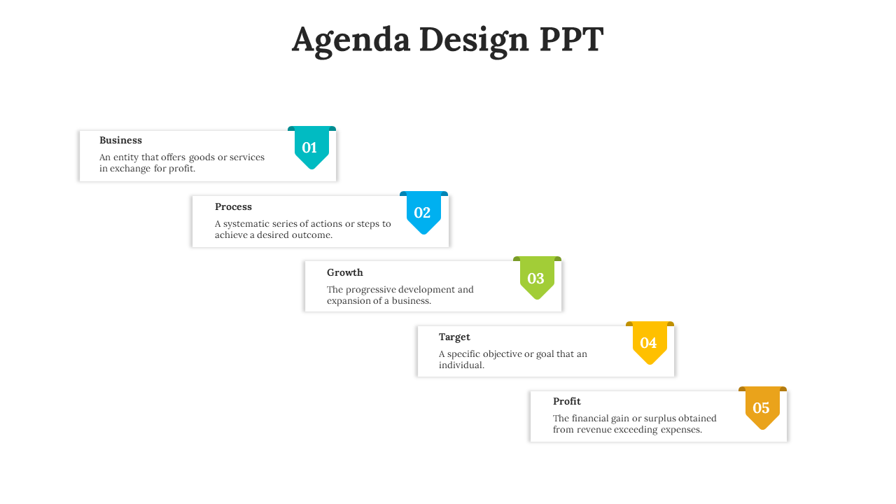 Agenda slide with five rectangles, each with a colored tag in teal, blue, green, yellow, and orange, pointing downwards.