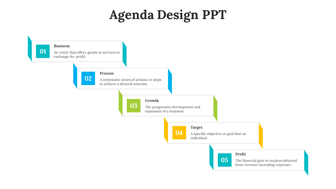 Agenda layout with five rectangular shapes, each featuring a numbered label in teal, blue, green, yellow, and orange.