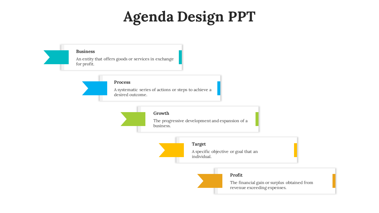 Agenda slide with five rectangular boxes, paired with a colored arrow in teal, blue, green, yellow, and orange.