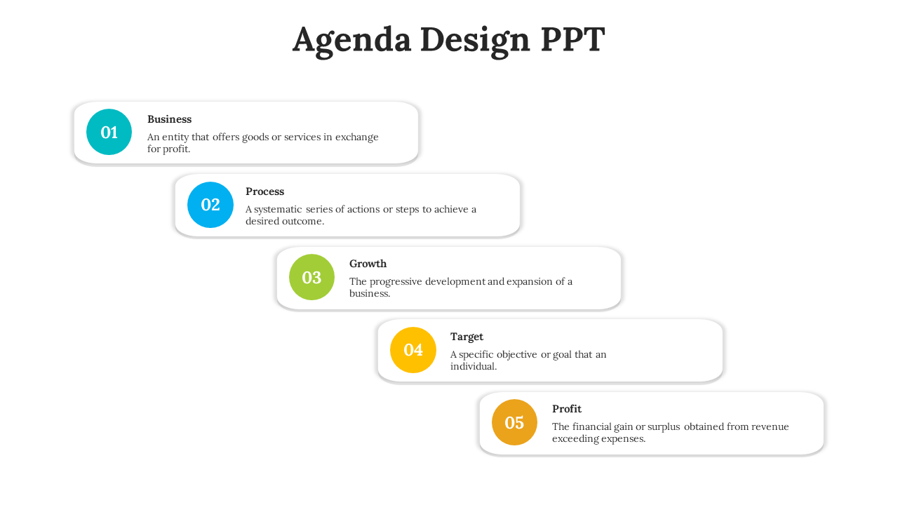 Agenda slide with five rounded rectangular shapes with circular icons in teal, blue, green, yellow, and orange.