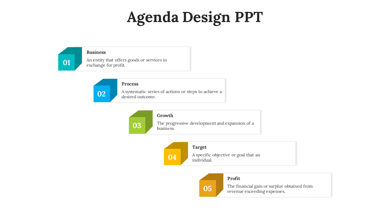 Agenda slide with five numbered rectangular shapes in teal, blue, green, yellow, and orange, displaying key business stages.