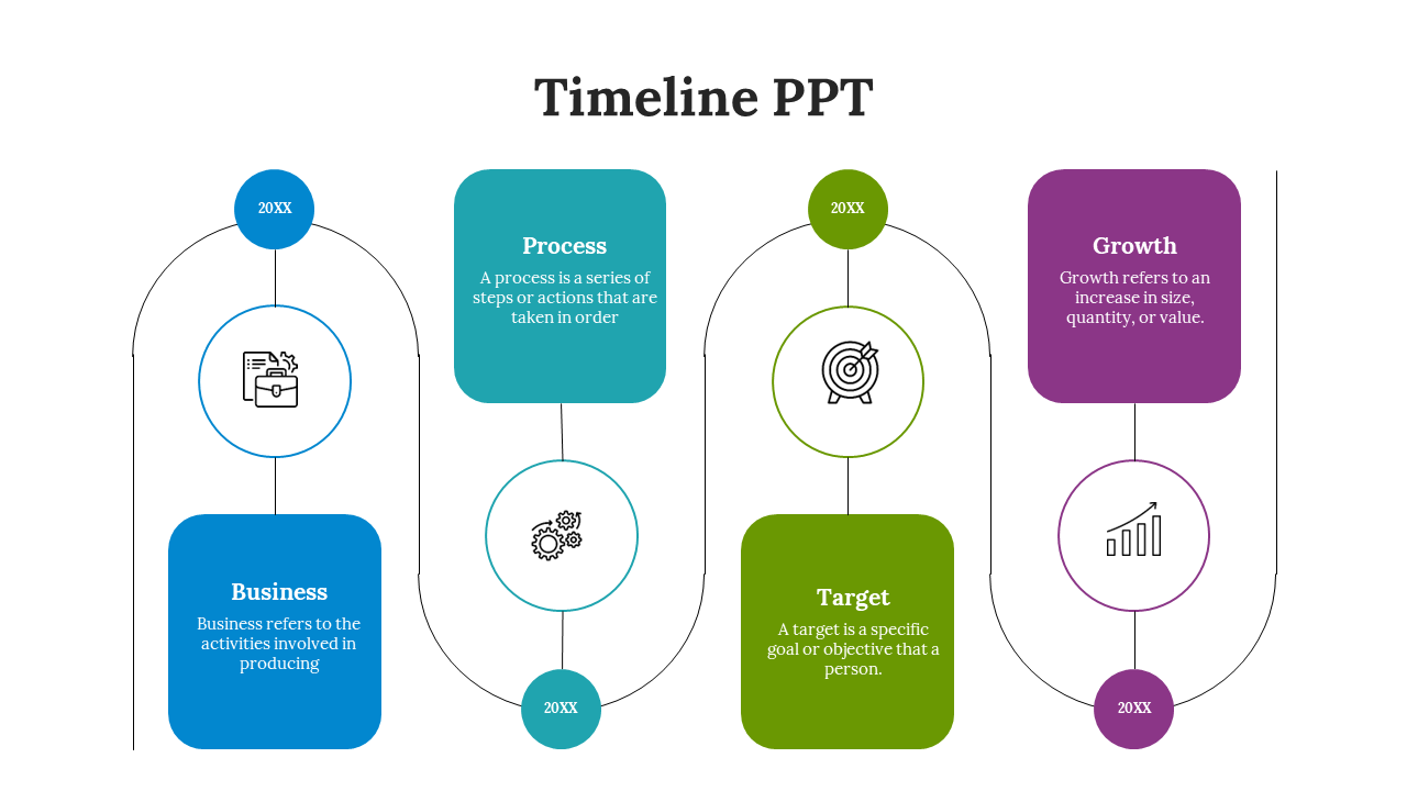 Timeline design with connected circles in blue, teal, green, and purple, paired with text boxes, in a curved layout.