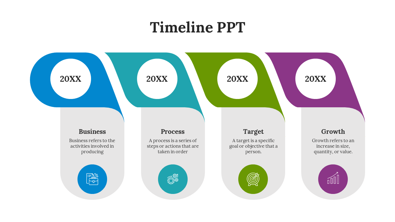 colorful timeline with four connected shapes in blue, teal, green, and purple, each with a white year label and an icon.