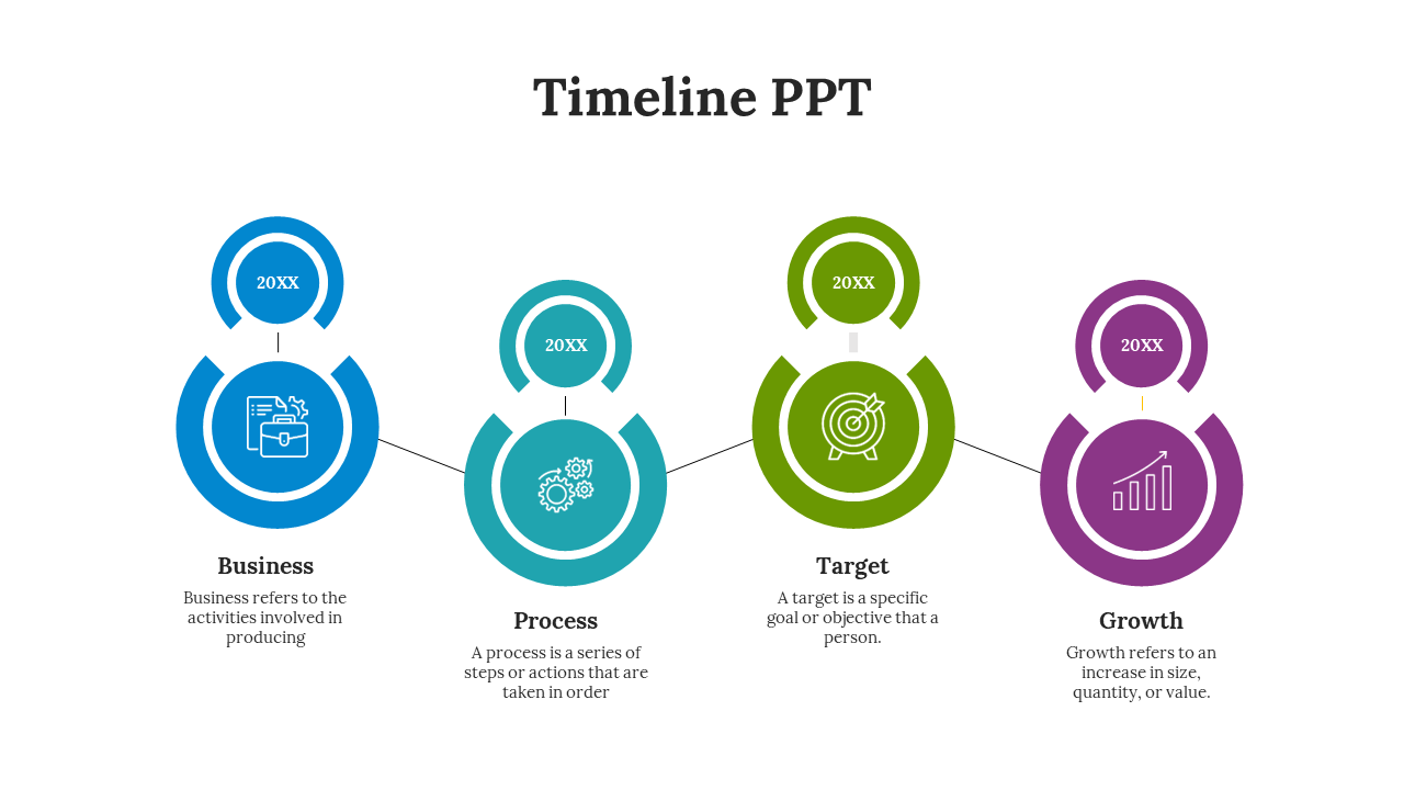 Timeline design with four connected circular shapes in blue, teal, green, and purple, each representing a business concept.