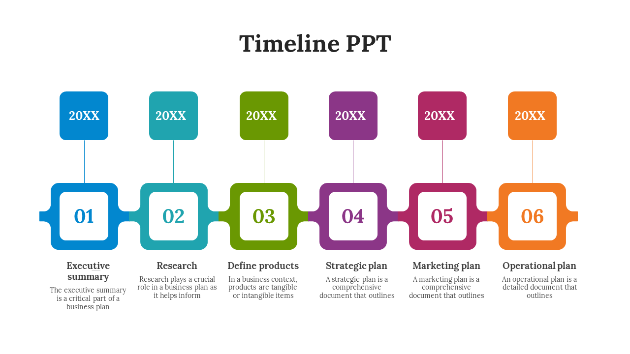 Timeline with six connected square shapes in blue, teal, green, purple, pink, and orange, each containing a label.