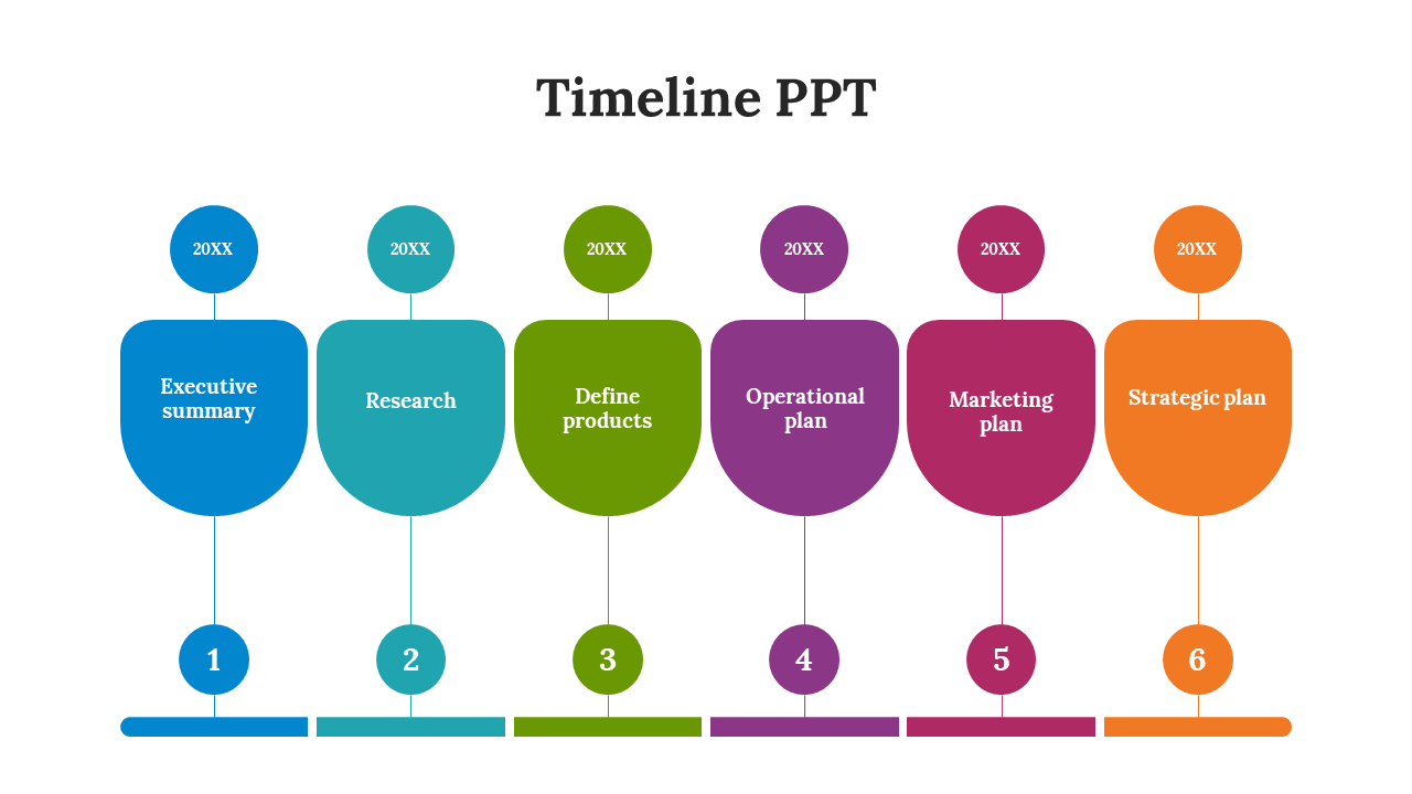 Timeline slide with six milestones rounded boxes in blue, teal, green, purple, pink, and orange, with numbered labels.