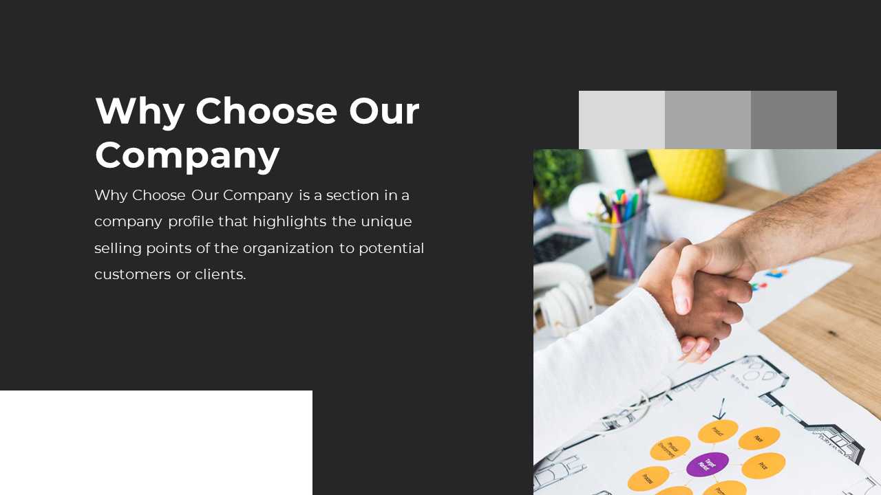 Two people shaking hands over a business document with a diagram, symbolizing partnership and collaboration on a dark theme.