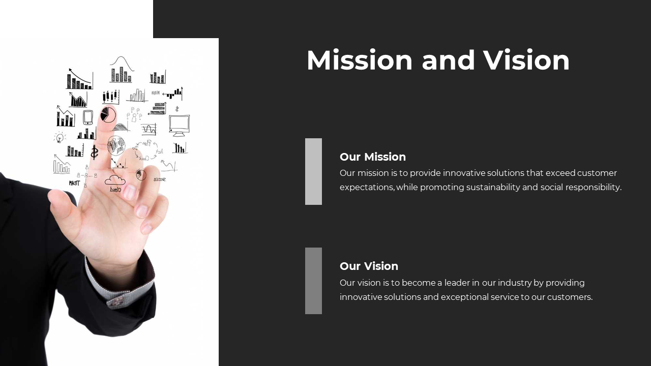 Vision and mission slide with businessmen interacting with digital icons and graphs, representing innovation and technology.
