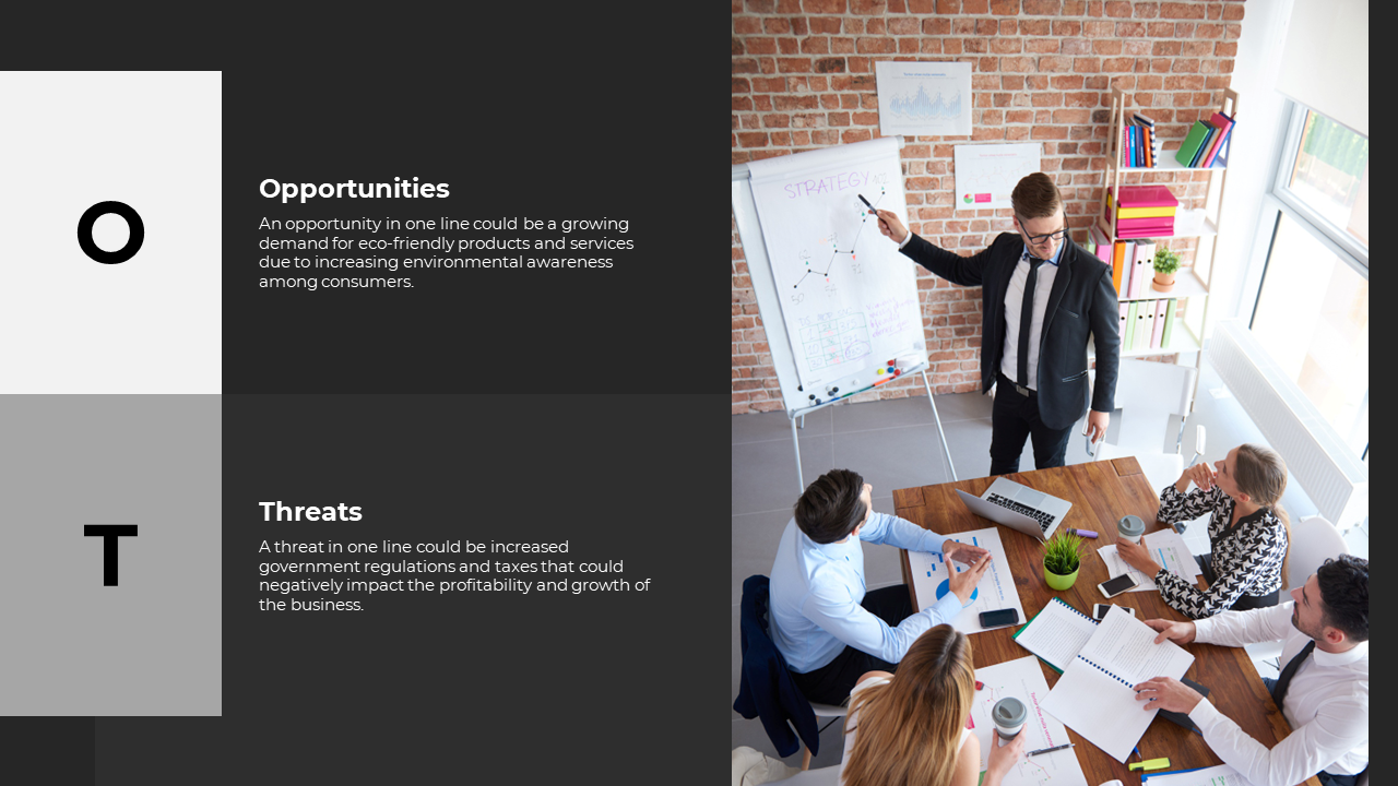 A business team in a meeting, with one person presenting a strategy on a whiteboard while others discuss around the table.