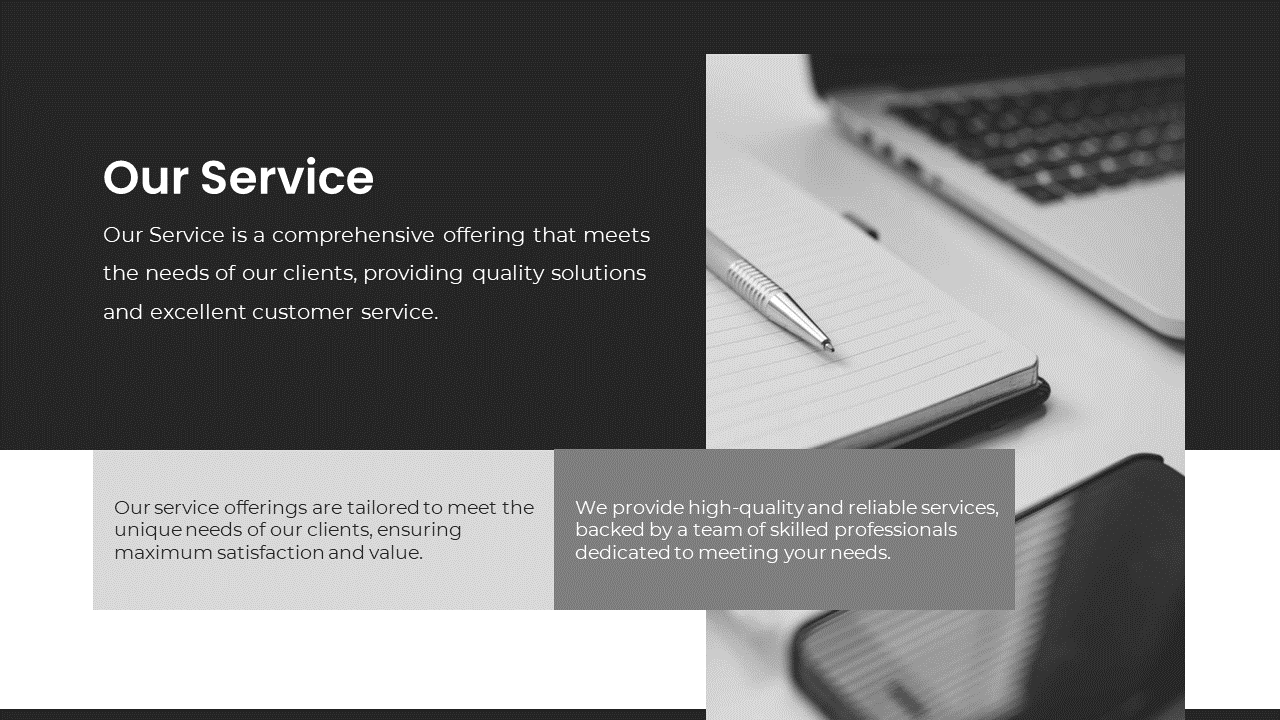 An image of a pen resting on an open notebook next to a laptop represents service offerings and customer satisfaction.