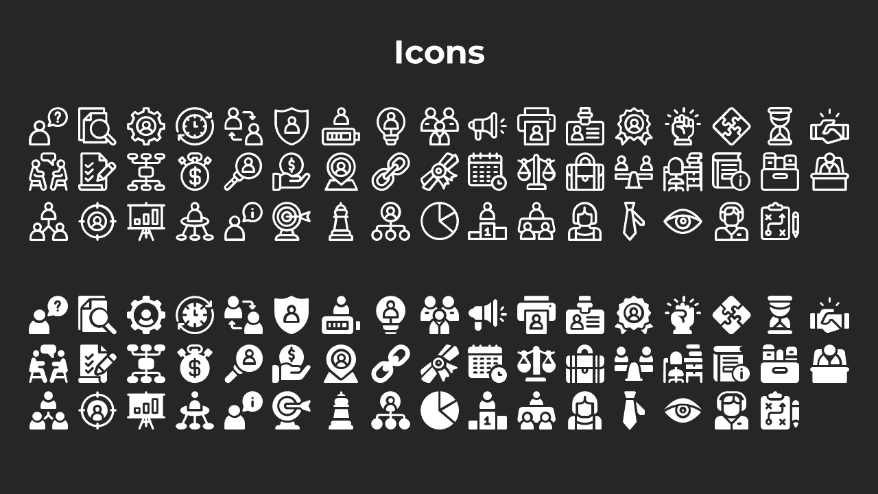 A collection of white business icons, including symbols for teamwork, finance, analytics, and strategy on a dark backdrop.