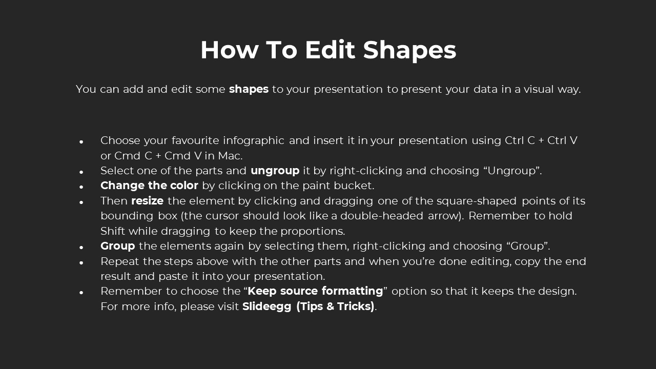 Step by step guide on how to edit shapes in a PPT presentation, with instructions on ungrouping, resizing, and grouping.