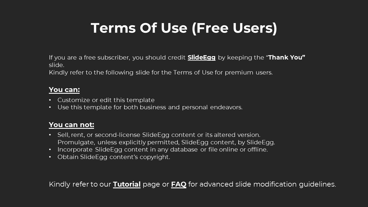 SlideEgg terms for free users detailing the rights to customize templates and limitations on selling or sharing content.