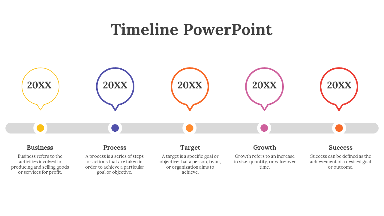 Timeline layout with five colorful circles in yellow, purple, orange, pink, and red, on a horizontal gray line.