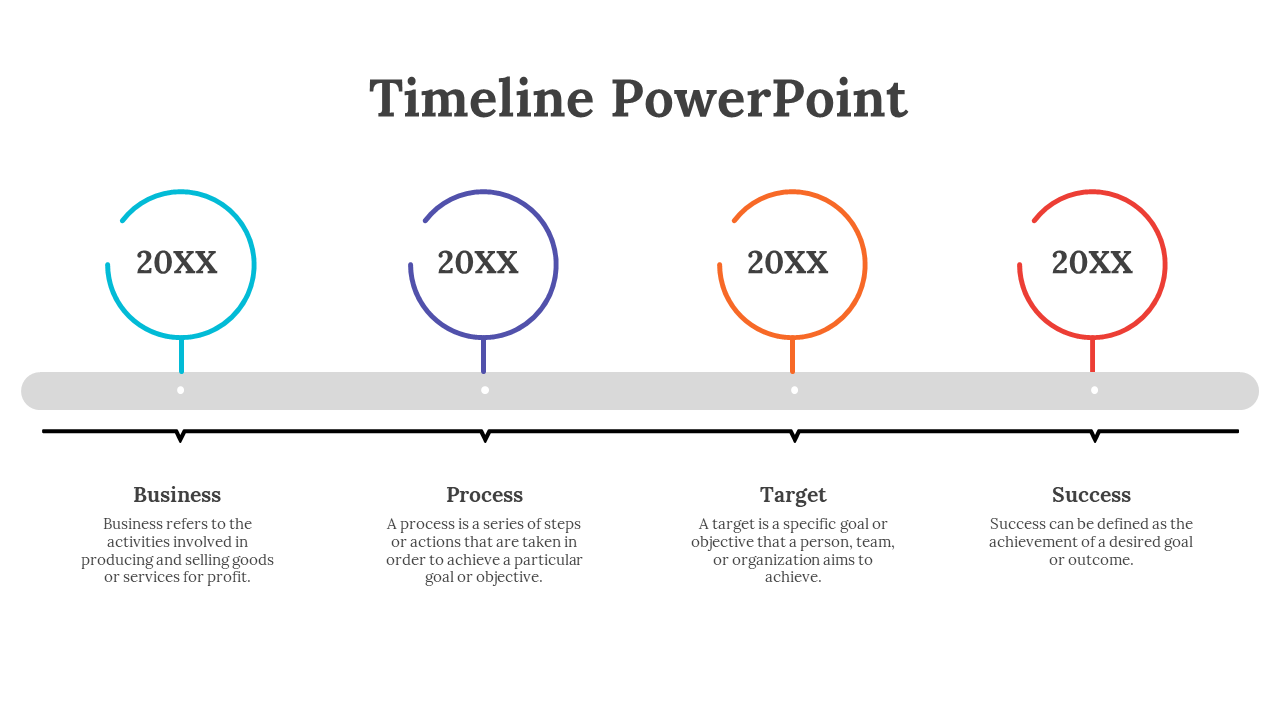 Timeline layout with four colored circles in blue, purple, orange, and red, on a horizontal line, with text below.