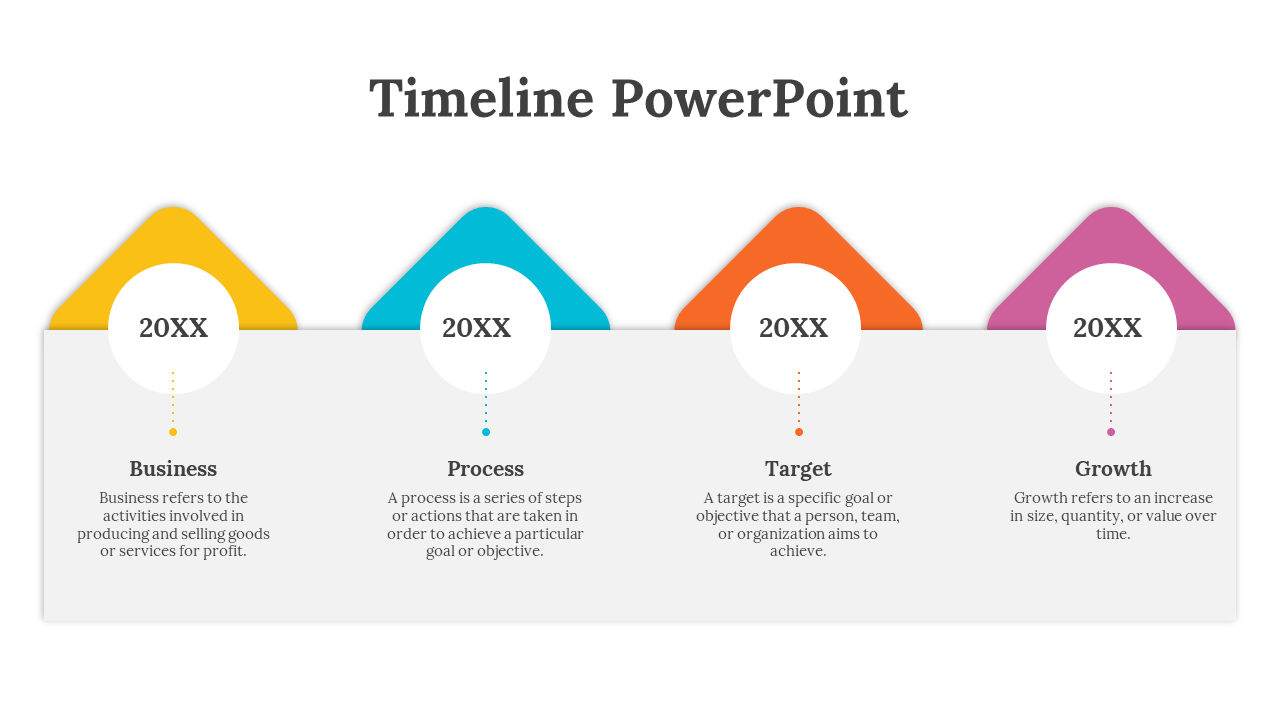Timeline design featuring four triangles in yellow, teal, orange, and pink, with circular year labels and text.