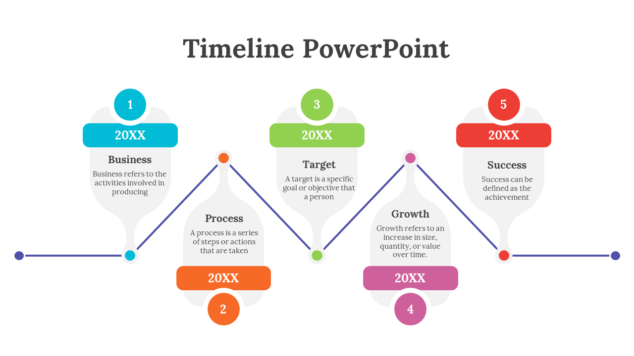 Timeline layout with five colored circles connected by lines, featuring blue, orange, green, pink, and red tones.