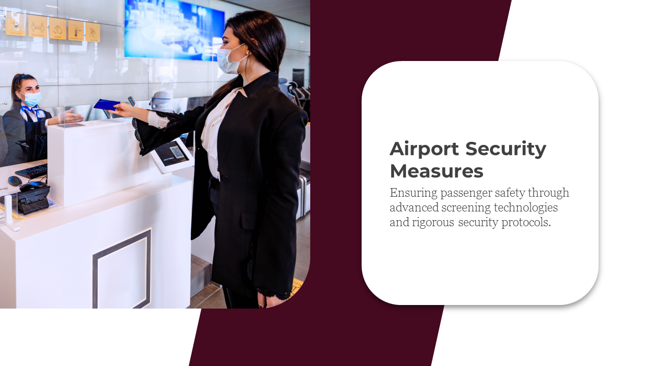 Passenger going through airport security, showing advanced screening technologies and a security checkpoint on a split theme.