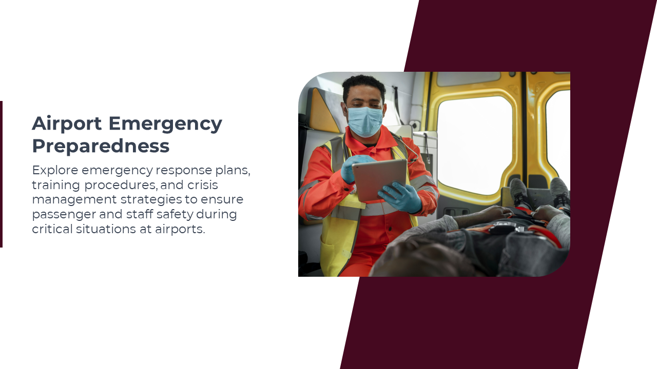 A trained airport emergency staff member reviews response protocols on a tablet while assisting a passenger in distress.