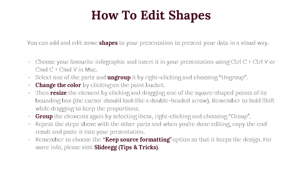 How to edit shapes in a PPT presentation, providing steps for ungrouping, changing color, resizing, and grouping elements.