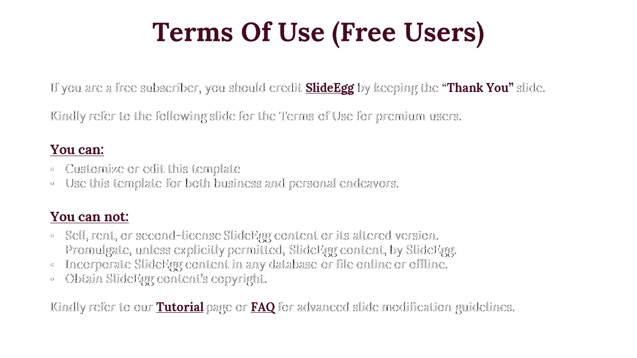 Terms of Use for free SlideEgg subscribers, outlining the customization permissions and restrictions on content usage.