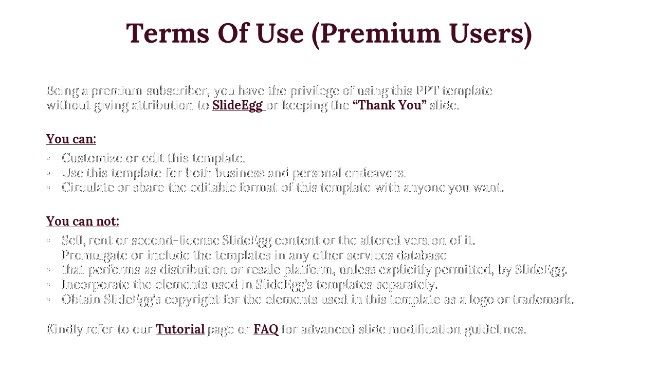 SlideEgg's premium user terms detail the privileges to use, share, and circulate templates while prohibiting redistribution.