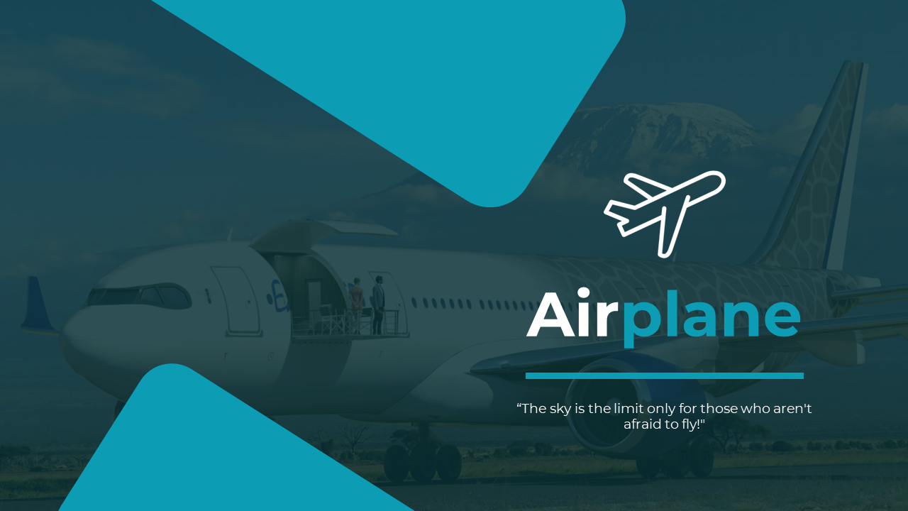 Slide with a quote, featuring an image of an airplane with an open door, on a scenic blue background.